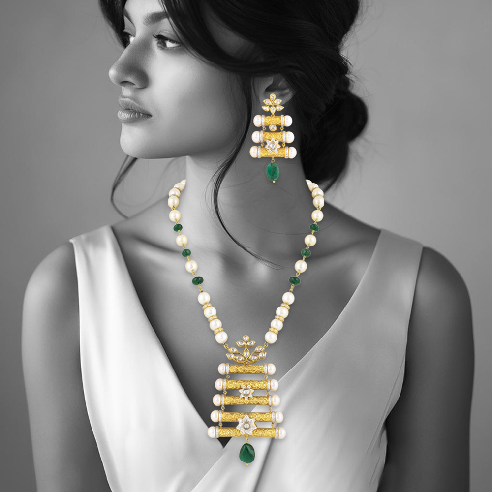 Floral Enamel Pendant Set with Pearls & Emerald Drops